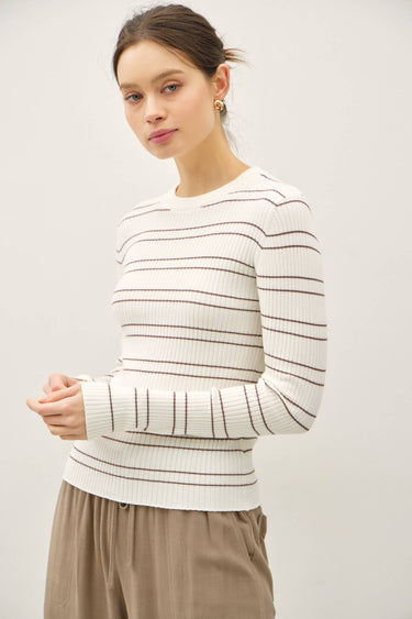 DOUBLE STRIPE CREWNECK RIB SWEATER - S / MOCHA - Sweater