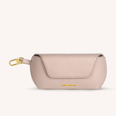 Olivia Eyewear Case in premium vegan leather with gold-tone hardware accents and wristlet attachment.