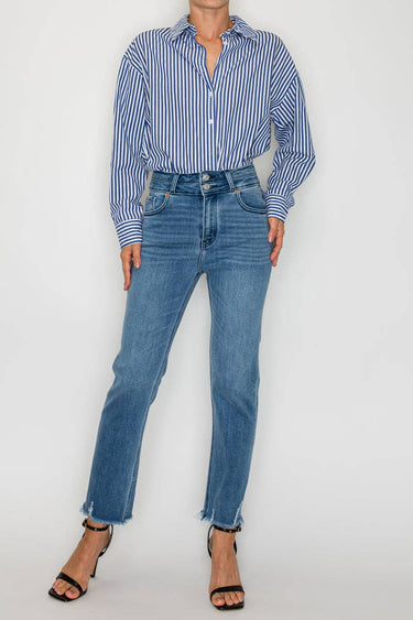 High Rise Double Waistband Straight Raw Hem Jean - 13 (30) - Jeans