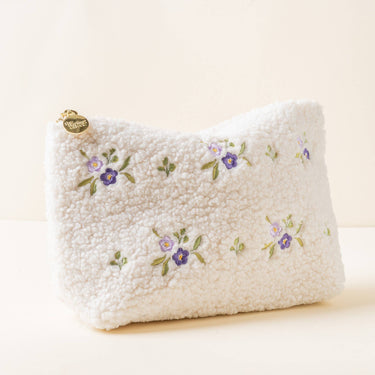 Teddy Pouch-Dainty Floral Purple with soft sherpa fabric and floral embroidery.