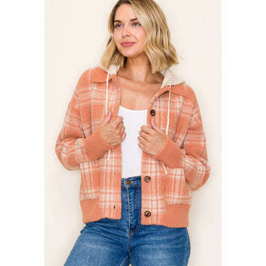 PLAID BUTTON DOWN SWEATER HOODIE JACKET - Jacket