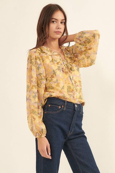 Floral Flounce Ruffle Button Front Woven Blouse