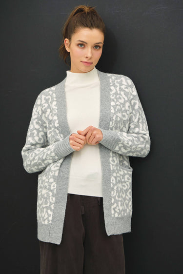 LEOPARD JAQUARD CARDIGAN WITH POCKETS - H.GREY / L - Cardigan
