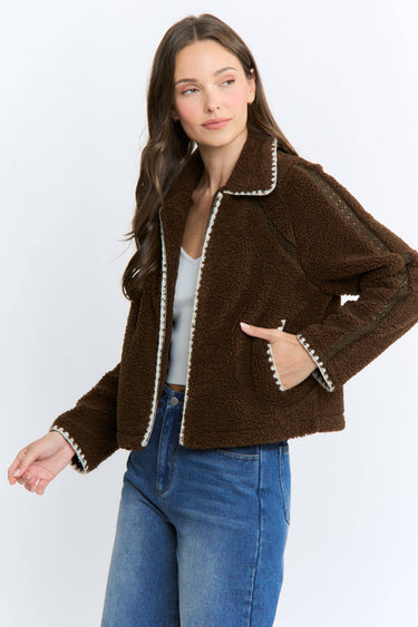 Sherpa Fleece Zip-Up Jacket Contrast Trim close-up showing the contrast trim details