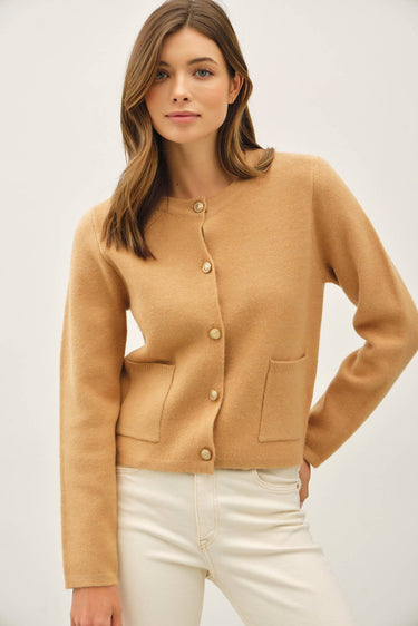 WOOL BLENDED CLASSIC GOLD BUTTON CARDIGAN - S / CAMEL - Cardigan