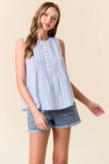 Cotton Striped Half Button Down Sleeveless Top