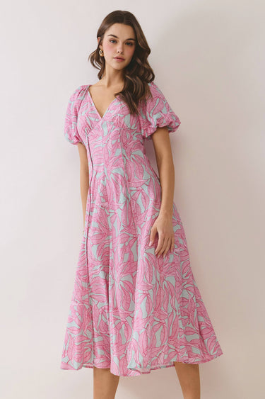 Pink Tropical Print Puff Sleeve Midi Dress featuring a V-neckline and puff sleeves in a tropical leaf pattern.