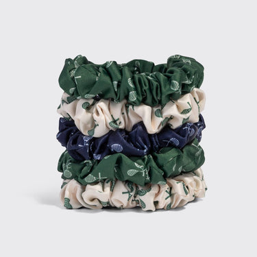Ruched Satin Scrunchies 5pc Set in cream court green and navy blue