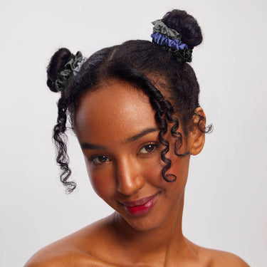 Woman wearing satin petite scrunchies midnight style hair accessory