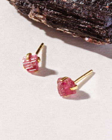 Pure Earth Gemstone Post Earring- Tourmaline featuring raw Pink Tourmaline stones set in gold-plated brass.