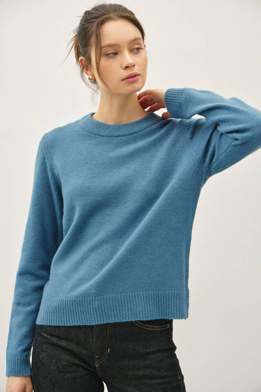 WOOL BLENDED BASIC CREWNECK SWEATER - TEAL / L - Sweater