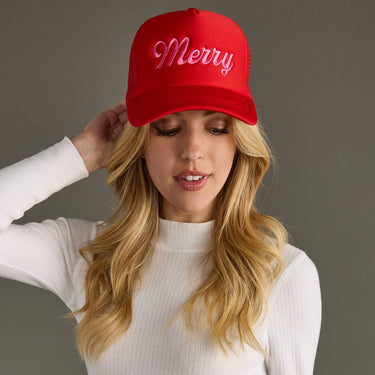 Red and pink merry trucker hat