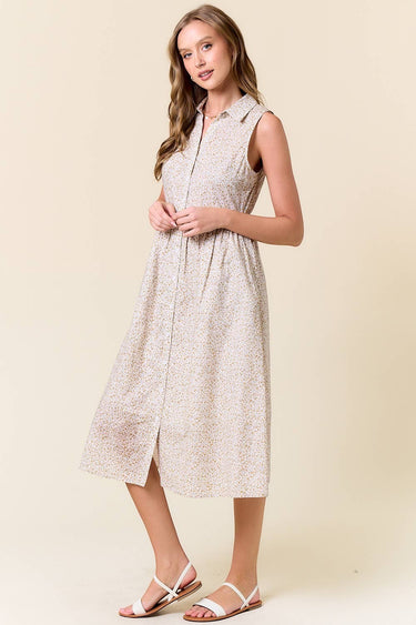 FLORAL PRINT SLEEVELESS MIDI SHIRT DRESS