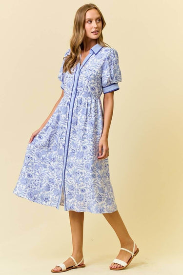 FLORAL PRINTED MIDI SHIRT DRESS W/ SIDE POCKET