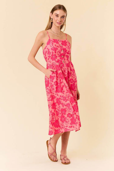 Two Tone Floral Button-Down Bodice Midi Dress in pink front view