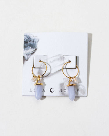 Prism Mini Hoop Earrings- Blue Lace Agate featuring blue lace agate points and shiny gold plating, lightweight and stylish.
