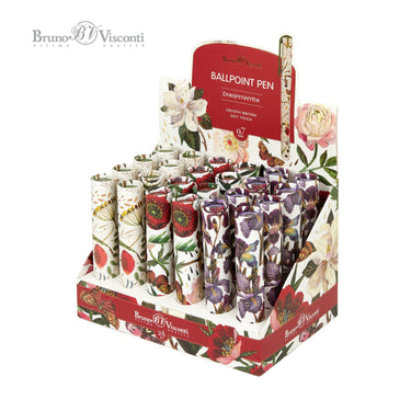 Display of DreamWrite Bloom Pens in decorative packaging with floral designs.