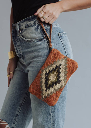 Orange, Cream, Navy & Green Aztec Wristlet