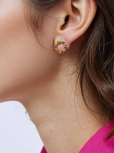 Model wearing Manette 18K Gold Vintage Colorful CZ Earrings close-up