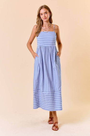Maxi Dress with Side Pocket and Adjustable Strap in blue full-length view