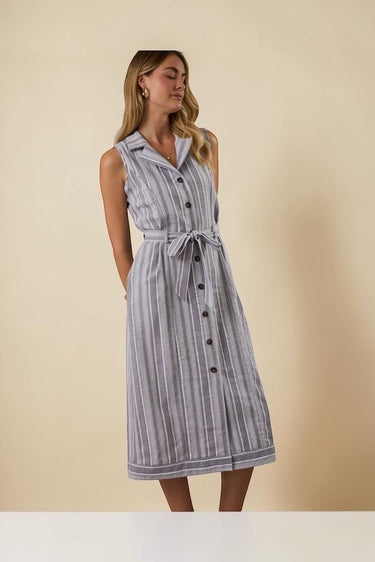 Blue striped V neck cap sleeve button up waist tie belt midi dress worn by a model, full-body view.