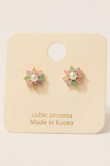 Gold Dipped Cz And Pearl Flower Stud Earrings - G - Studs