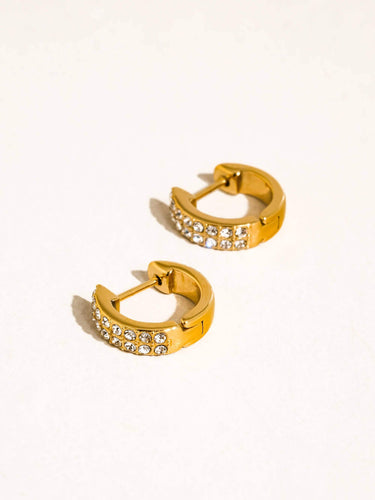 Lush 18K Gold Non-Tarnish CZ Pave Huggie Earrings featuring cubic zirconia and stainless steel design.