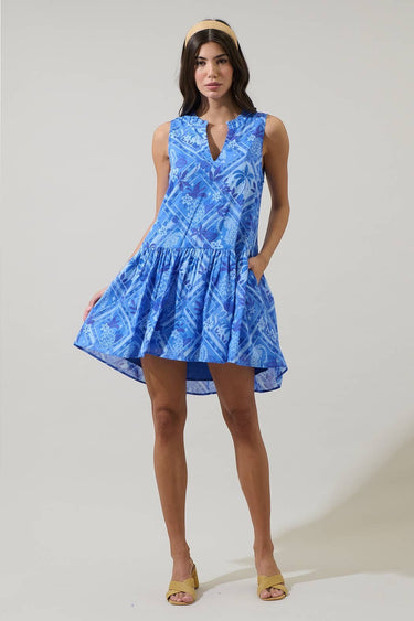 Model wearing Kaidy Tropical Loly Trapeze Mini Dress in a full-length front view