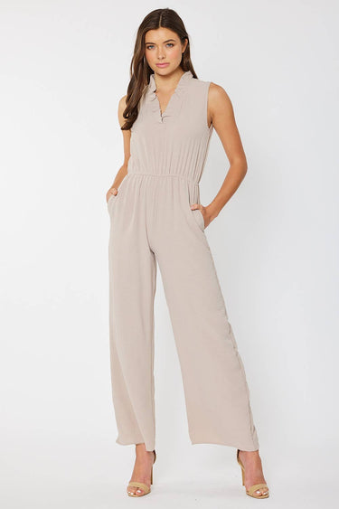 RUFFLED V NECK JUMPSUIT WITH ELASTIC WAISTBAND