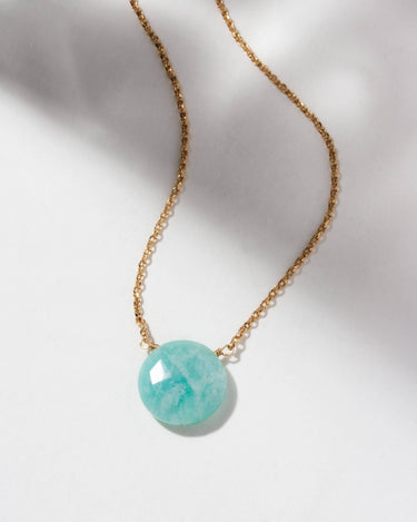 Gem in the Moon Gemstone - Amazonite necklace featuring a faceted circular design and 14KT Gold Plated Brass chain.