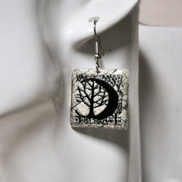 Earrings, Crescent Moon Tree square black handmade usa