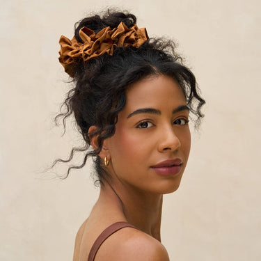 Camel Ruffle Scrunchie worn in a ponytail