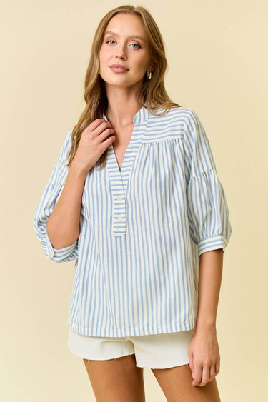 Striped Puff Sleeve Pullover Top in light blue front view