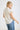 Back side view of white collared V neck button down line lace detail shirt with blue denim jeans