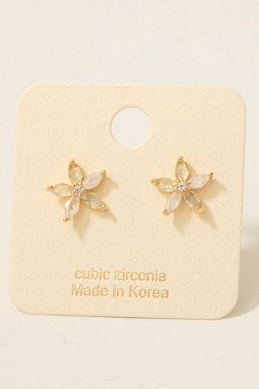 Gold Dipped 5 Petal Cz Flower Stud Earrings - G - Studs