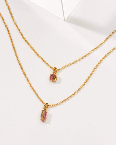 Four Letter Word Necklace - Pink Tourmaline featuring pink tourmaline pendants on double strand gold chain.
