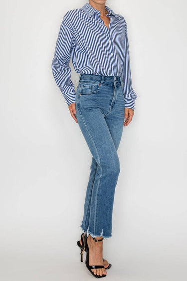 High Rise Double Waistband Straight Raw Hem Jean - Jeans
