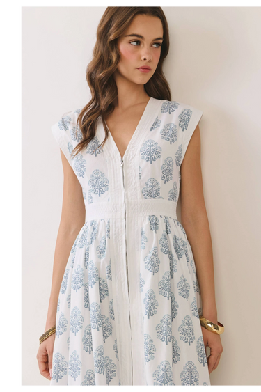 Floral Print Zipper Front Midi Dress featuring a V neckline and cap sleeves, styled with a fitted waist.