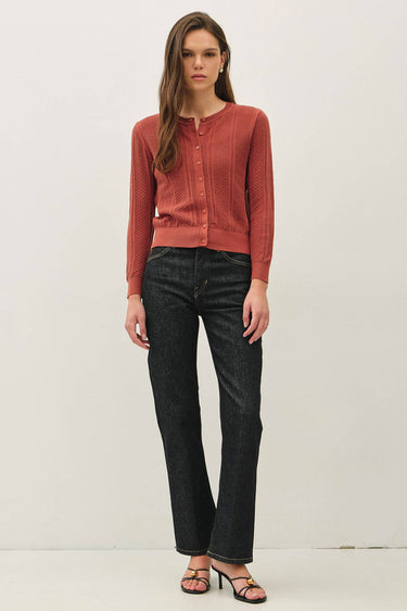 Pointelle Cropped Slim Cardigan in red full-length view