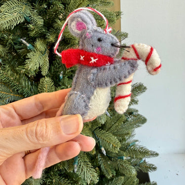 Mouse with Candy Cane Felt Wool Christmas Ornament held by hand