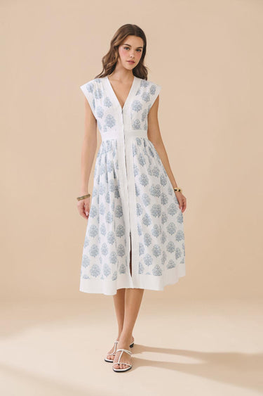 Floral Print Zipper Front Midi Dress worn by a model with a V neckline and cap sleeves on a neutral background.