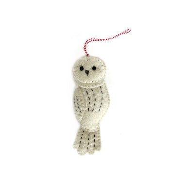 Snowy Owl Felt Wool Christmas Ornament on white background