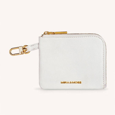 Mira & Moss Nova Compact Wallet in white vegan leather with gold-tone hardware and zipper.