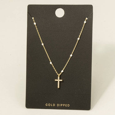 Gold Dipped Station Cz Cross Pendant Necklace - GOLD - Necklace