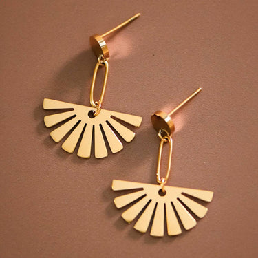 18K Gold PVD Plated Waterproof Stainless Steel Drop Earrings 7527 displayed as a pair on a brown background