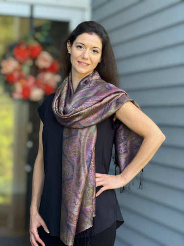 Purple and Green Modal Silk Jamawar Pashmina draped on woman