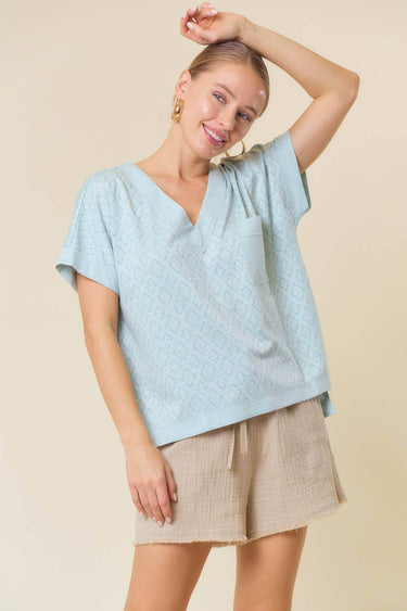 Jacquard V-Neck Dolman Short Sleeve Oversized Top in light blue front view
