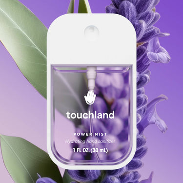 Pure Lavender Power Mist Hydrating Hand Sanitizer bottle with lavender background