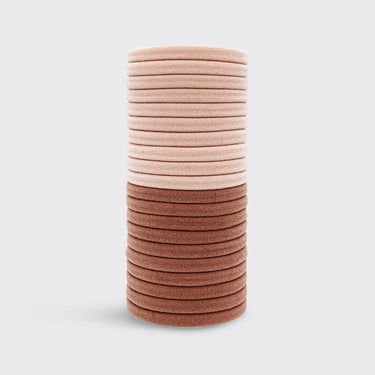 Eco-Friendly Nylon Elastics 20pc set - Blush, stacked hair ties in blush and brown shades, made from recycled materials.