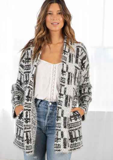 Black and White Fuzzy Long Sleeve Cardigan - S/M / Silver/Blk - Cardigan